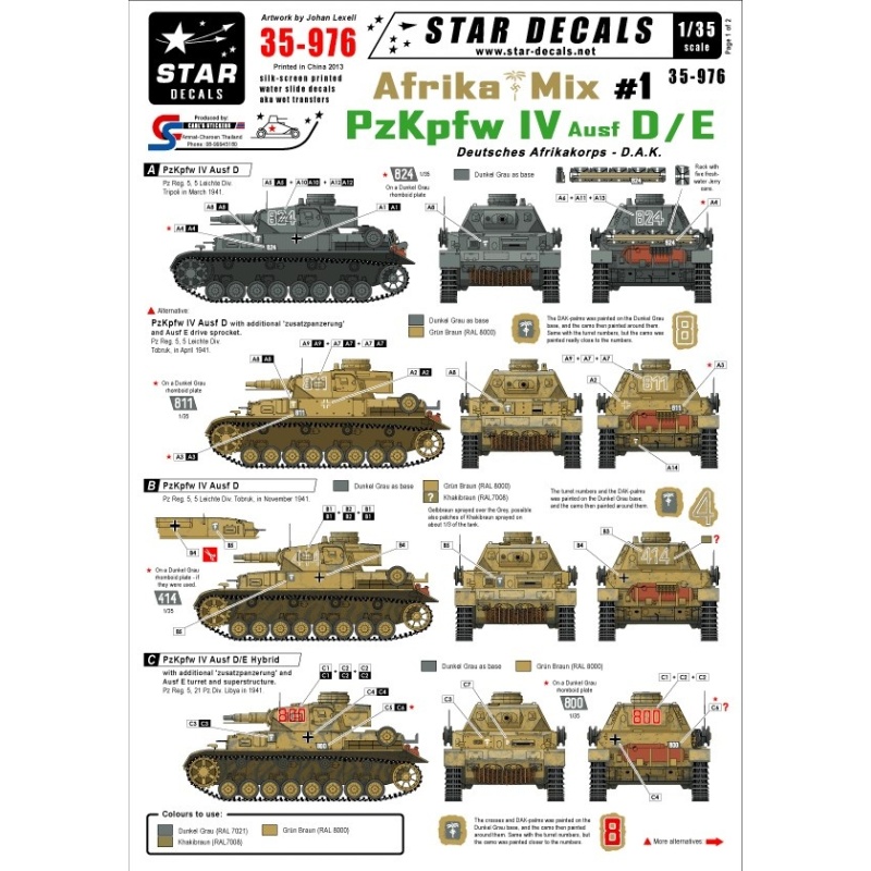 Star Decals 35-976, Decals for German Afrika Mix  1. PzKpfw IV Ausf D,D/E&E