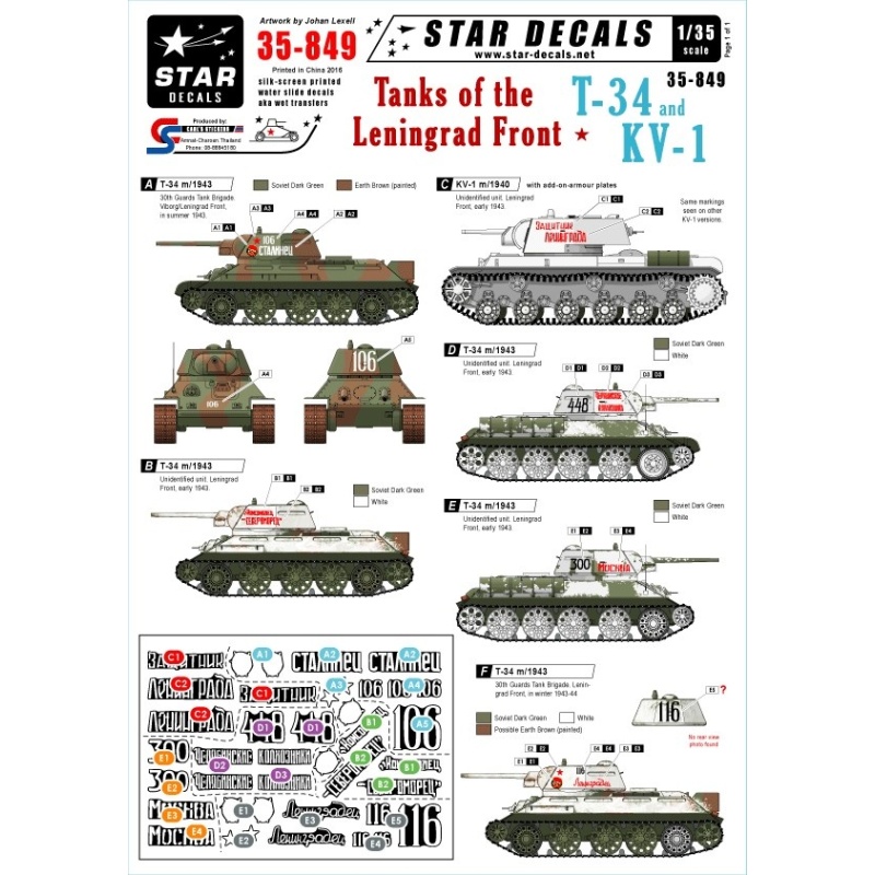 Star Decals, 35-849 Tanks of the Leningrad Front. T-34 and KV-1 tanks , 1:35