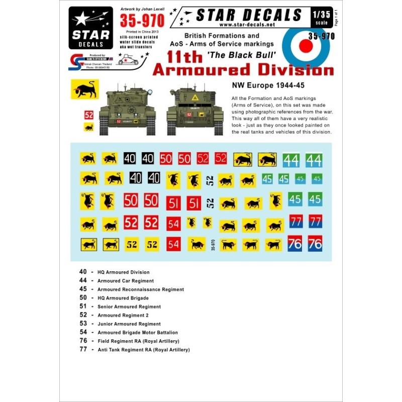 Star Decals, 35-970 British 11th Armoured Division. SCALE 1/35