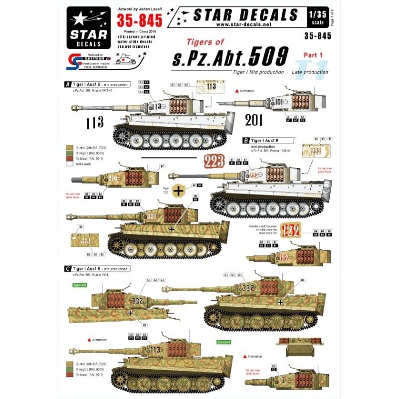 Star Decals 35-845, Decal - Tigers of s.Pz.Abt. 509  1, 1:35