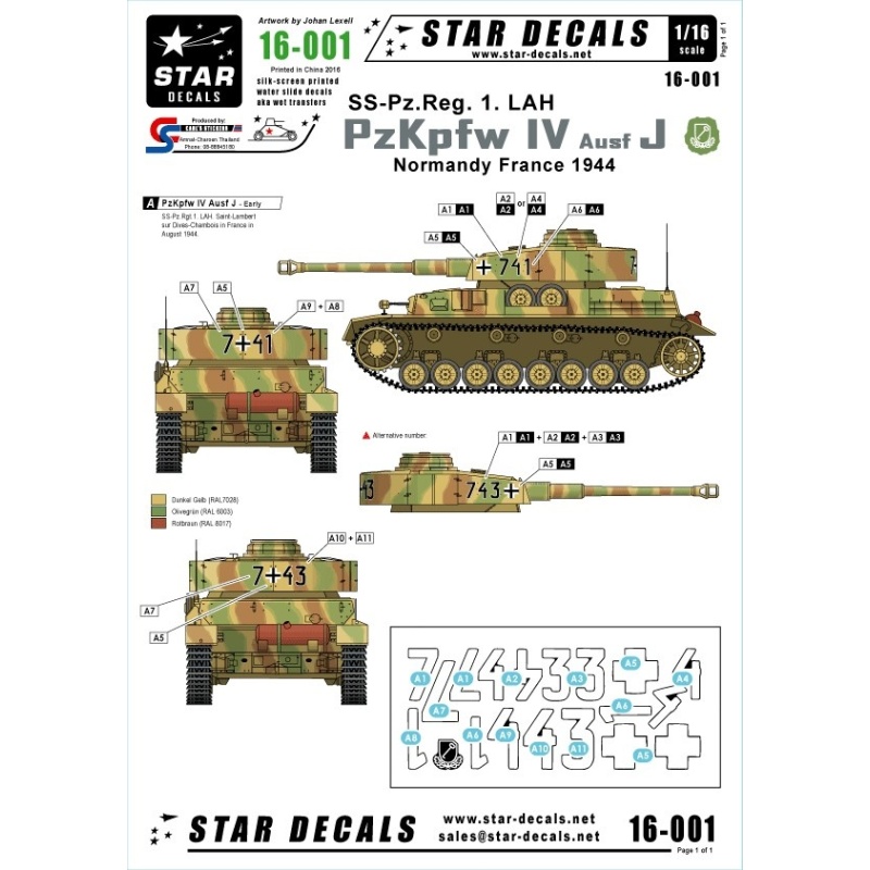 Star Decals 16-001, Decals for PzKpfw IV Ausf J-SS-Pz-Reg,, SCALE 1:16