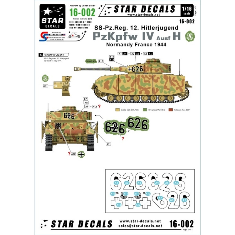 Star Decals 16-002,Decals for PzKpfw IV Ausf H - SS-Pz-Reg.12 Hitlerjugend,  SCALE 1:16