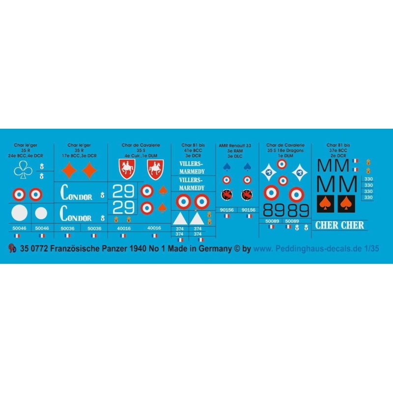 Peddinghaus 1/35, 0772, Decals for French tank markings 1939-40 No 1
