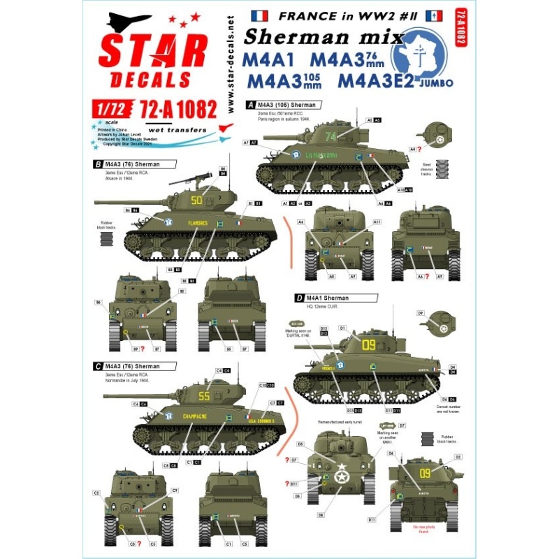 Star Decals, 72-A1082, French Sherman Mix. M4A1, M4A3 105mm, M4A3 76mm , 1/72
