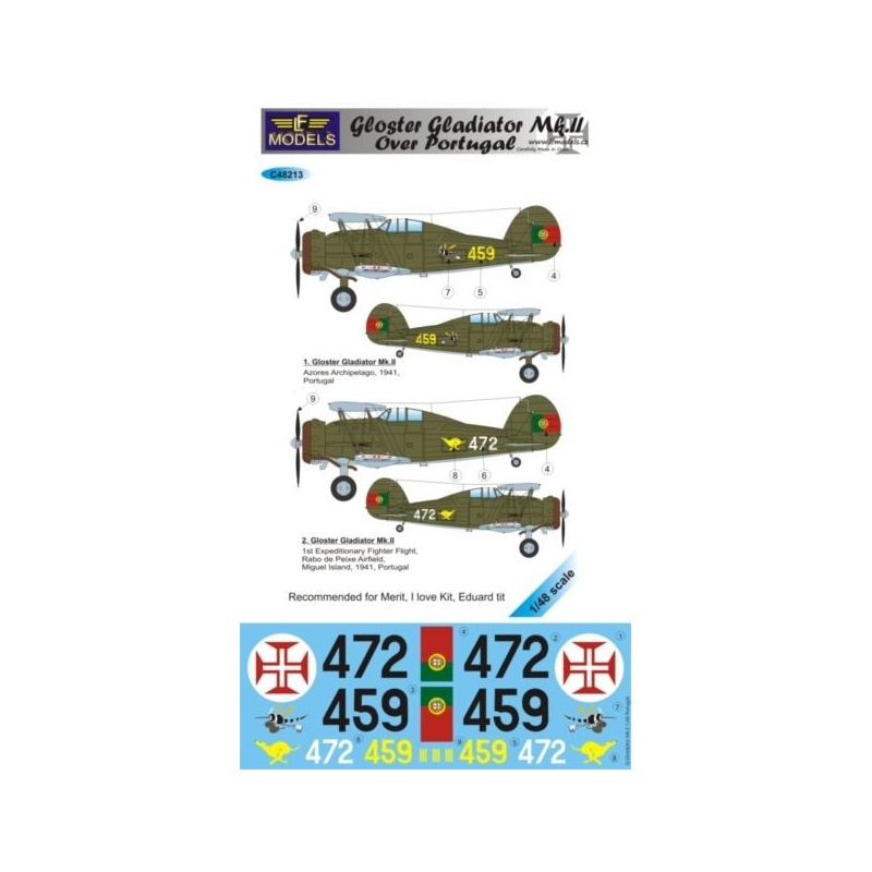 Gloster Gladiator Mk.II over Portugal- DECAL SET, LFC48213,LF MODELS, SCALE 1:48