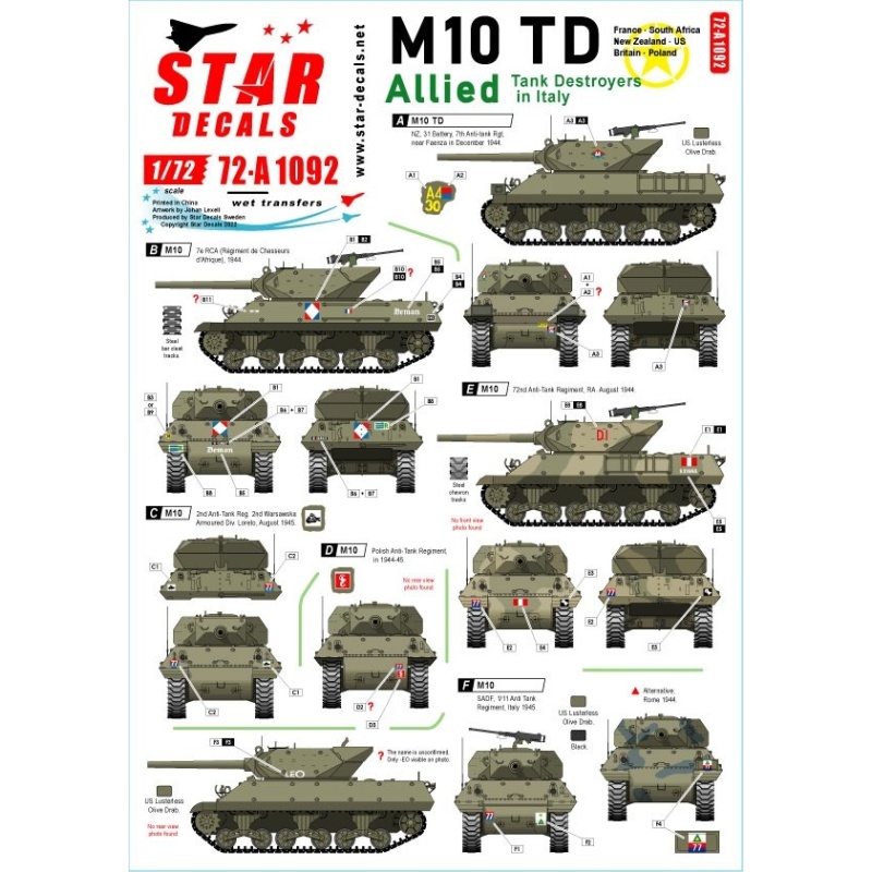 Star Decals, 72-A1092, Allied Tank Destroyers in Italy. 1/72