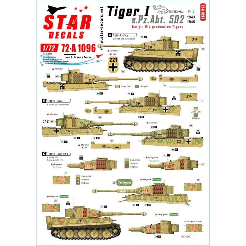 Star Decals, 72-A1096  Tiger I. sPzAbt 502 SET NO 2. Early / Mid production Tigers.1943-45, 1/72