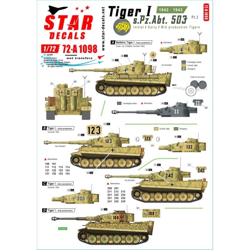 Star Decals 72-A1098,Tiger I. sPzAbt 503 SET 2. Initial / Early / Mid production Tigers.1942-43, 1/72