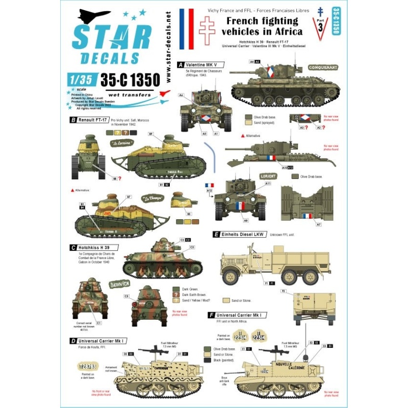 Star Decals, 35-C1350 DECAL FOR French Fighting Vehicles in Africa NO 3. SCALE 1/35